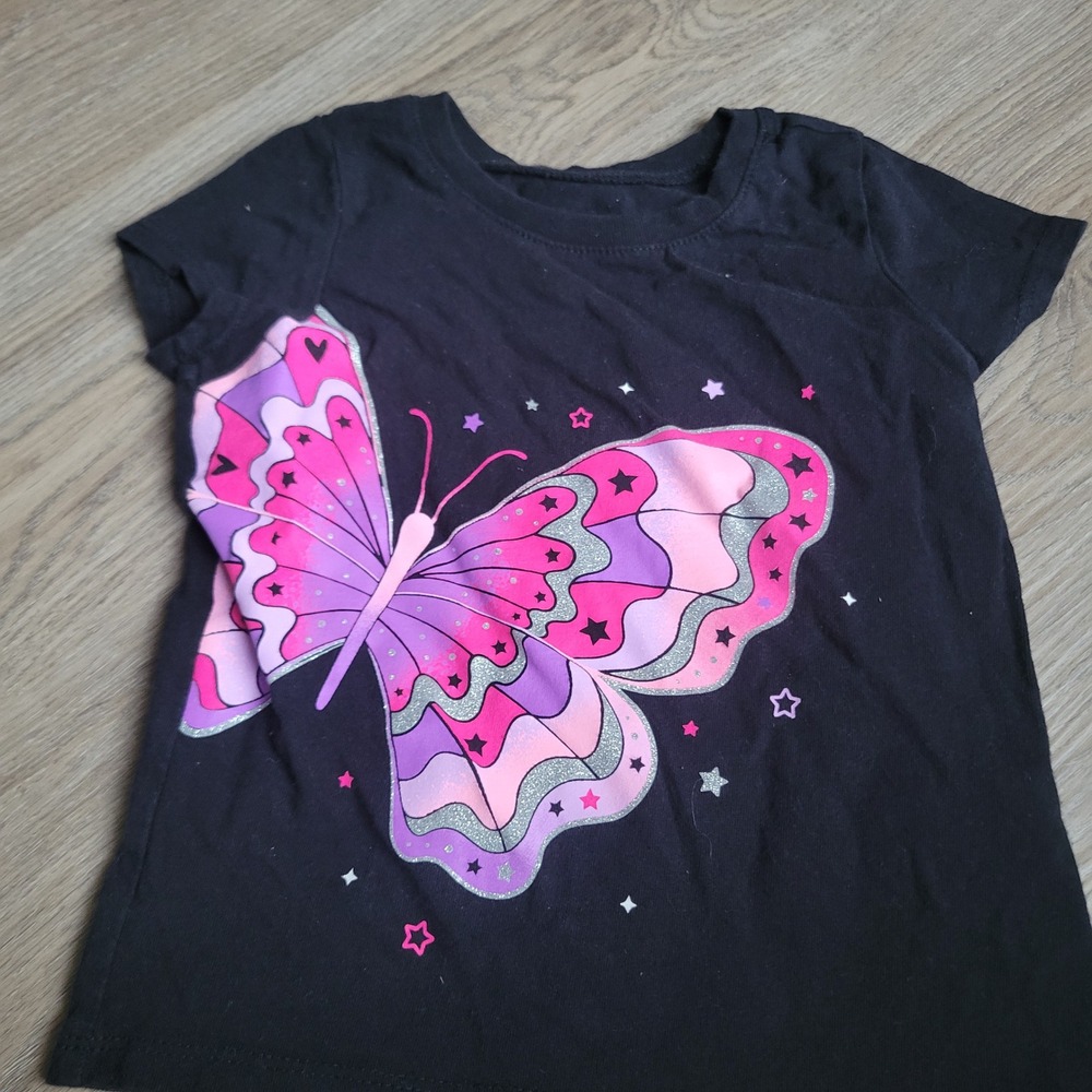 The Children's Place Girls T-Shirt‎ 2T Black Cotton Butterfly Glitter Casual Tee